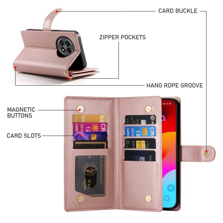 For OnePlus 13R / Ace 5 / Ace 5 Pro Nine Card-slot Zipper Wallet Bag Leather Phone Case