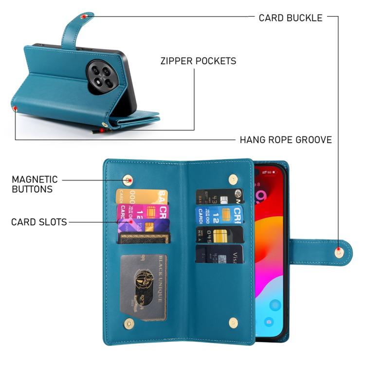 For OnePlus 13R / Ace 5 / Ace 5 Pro Nine Card-slot Zipper Wallet Bag Leather Phone Case