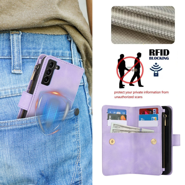 For Samsung Galaxy S21 5G Dream 9-Card Zipper Wallet RFID Leather Phone Case with Lanyard