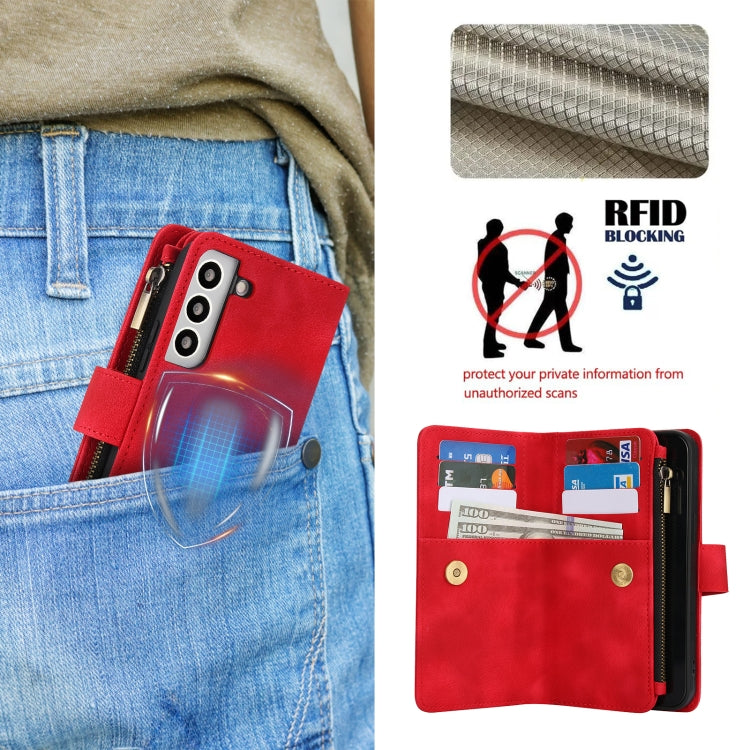 For Samsung Galaxy S21 FE 5G Dream 9-Card Zipper Wallet RFID Leather Phone Case with Lanyard