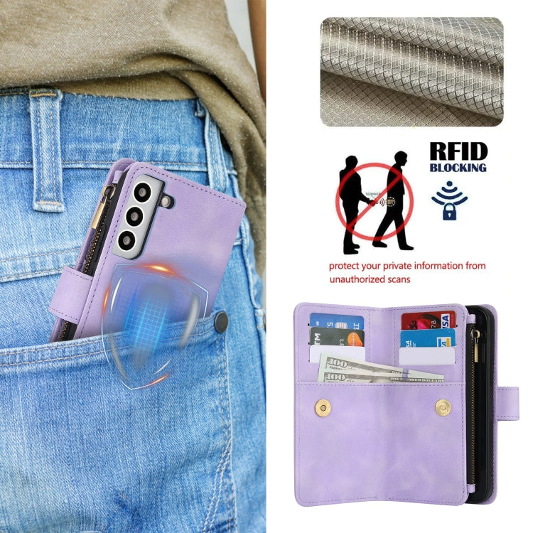 For Samsung Galaxy S21 FE 5G Dream 9-Card Zipper Wallet RFID Leather Phone Case with Lanyard