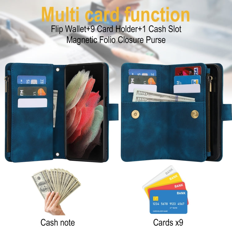 For Samsung Galaxy S21 Ultra 5G Dream 9-Card Zipper Wallet RFID Leather Phone Case with Lanyard