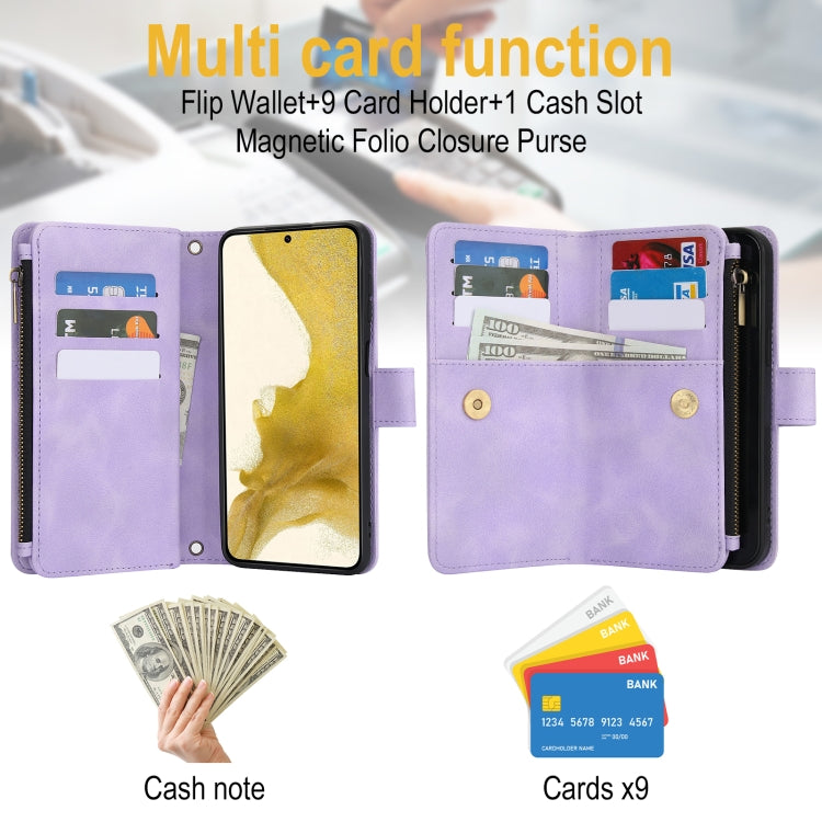 For Samsung Galaxy S22 5G Dream 9-Card Zipper Wallet RFID Leather Phone Case with Lanyard