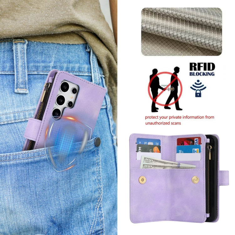 For Samsung Galaxy S24 Ultra Dream 9-Card Zipper Wallet RFID Leather Phone Case with Lanyard