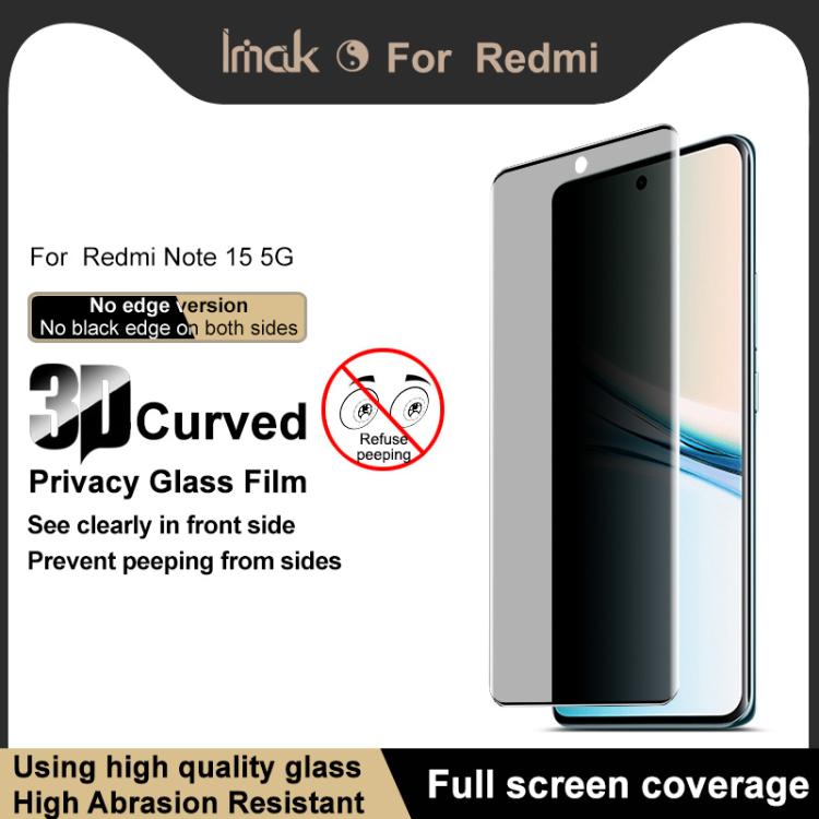 For Redmi Note 15 5G Global 164mm imak No Edge Version 3D Curved Privacy Full Screen Tempered Glass Film