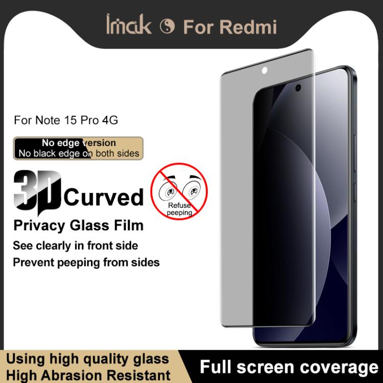 For Redmi Note 15 Pro 4G Global 163.2mm imak No Edge Version 3D Curved Privacy Full Screen Tempered Glass Film