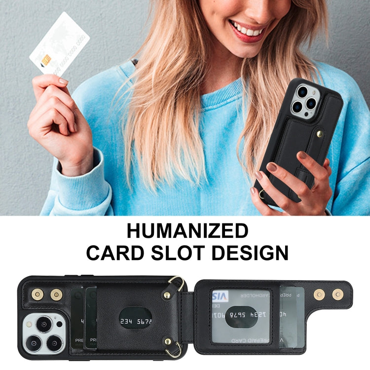 For iPhone 16 Pro Wristband Vertical Flip Wallet Back Cover Phone Case with Long Lanyard