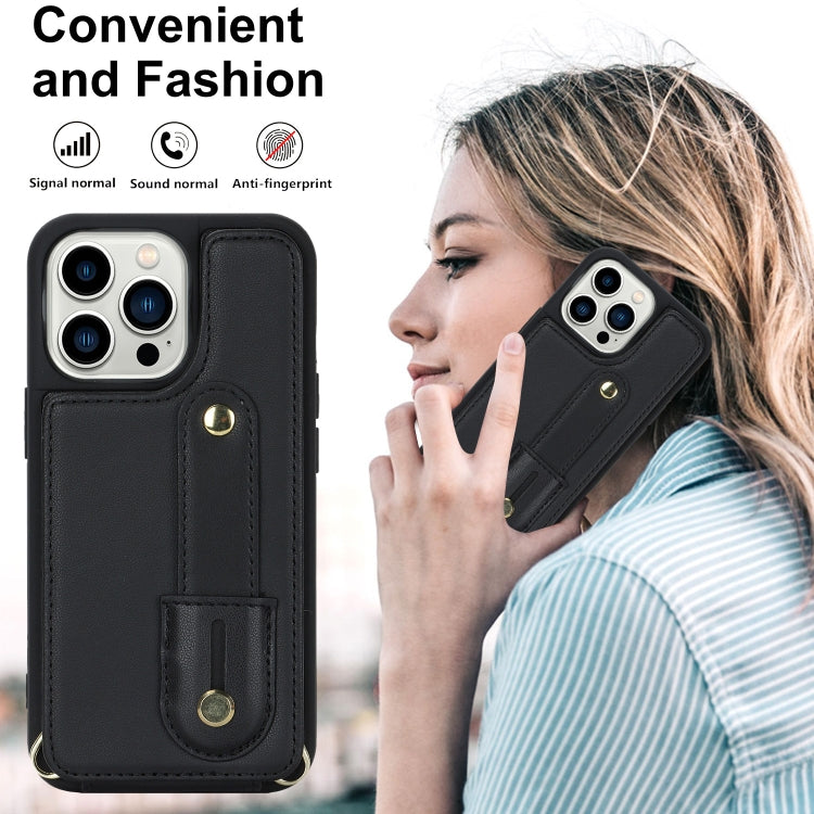 For iPhone 16 Pro Wristband Vertical Flip Wallet Back Cover Phone Case with Long Lanyard
