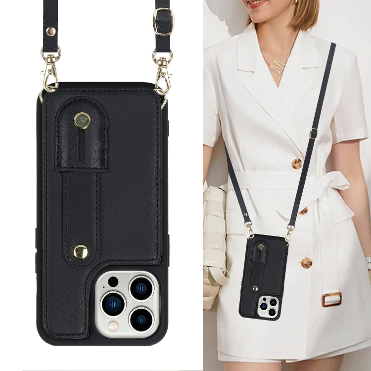 For iPhone 16 Pro Wristband Vertical Flip Wallet Back Cover Phone Case with Long Lanyard