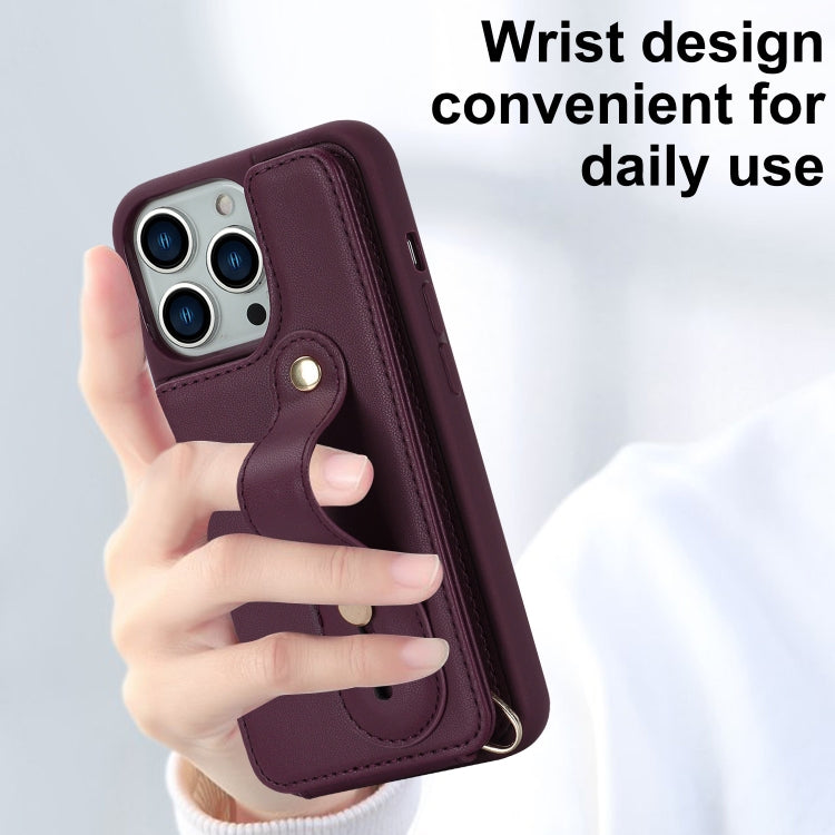For iPhone 16 Pro Wristband Vertical Flip Wallet Back Cover Phone Case with Long Lanyard
