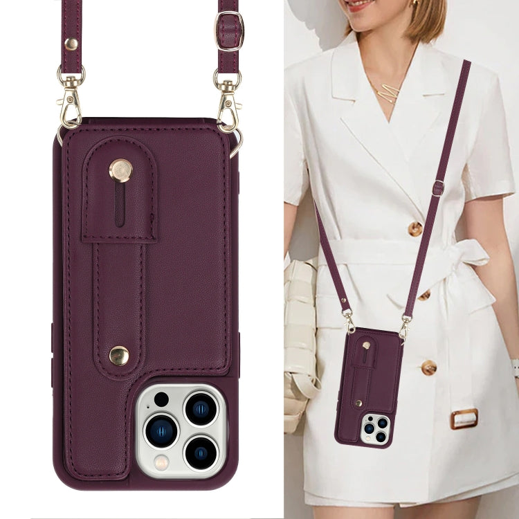 For iPhone 16 Pro Wristband Vertical Flip Wallet Back Cover Phone Case with Long Lanyard