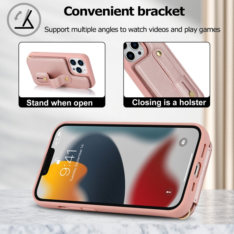 For iPhone 16 Pro Wristband Vertical Flip Wallet Back Cover Phone Case with Long Lanyard
