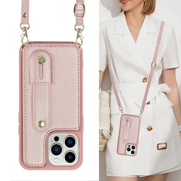 For iPhone 16 Pro Wristband Vertical Flip Wallet Back Cover Phone Case with Long Lanyard