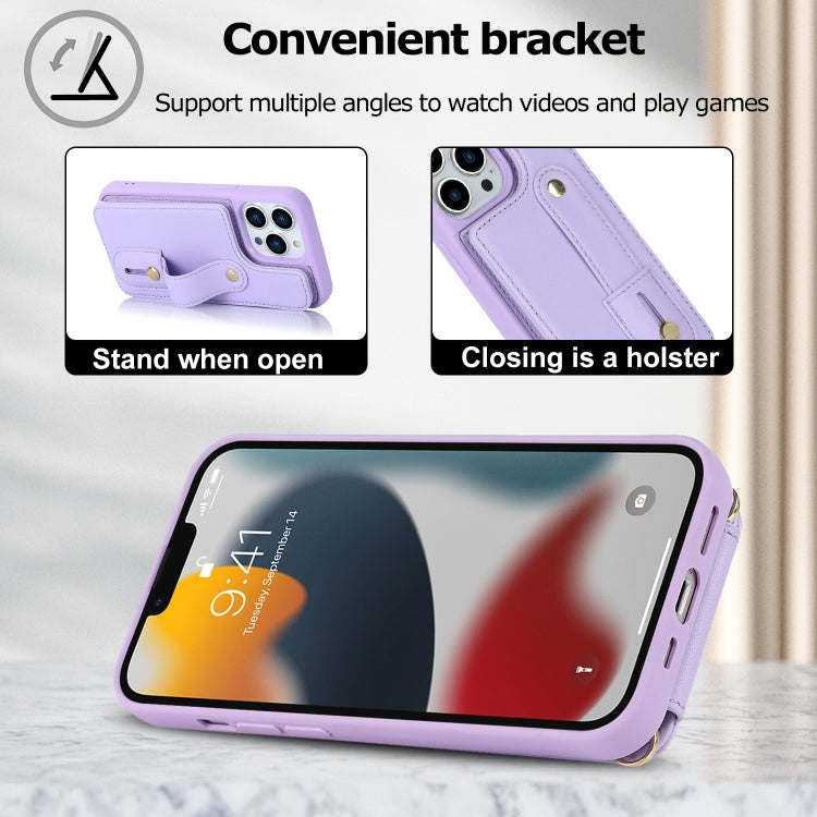 For iPhone 16 Pro Wristband Vertical Flip Wallet Back Cover Phone Case with Long Lanyard
