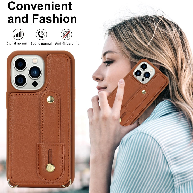 For iPhone 16 Pro Wristband Vertical Flip Wallet Back Cover Phone Case with Long Lanyard