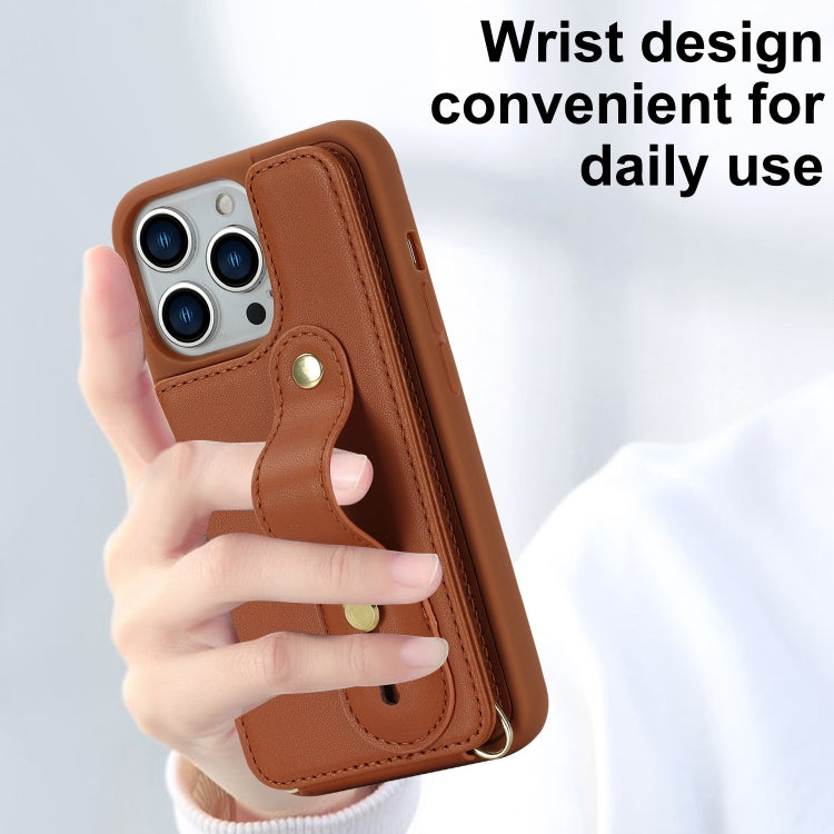 For iPhone 16 Pro Wristband Vertical Flip Wallet Back Cover Phone Case with Long Lanyard