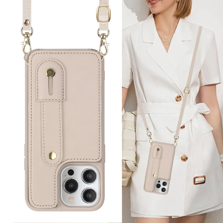 For iPhone 16 Pro Wristband Vertical Flip Wallet Back Cover Phone Case with Long Lanyard