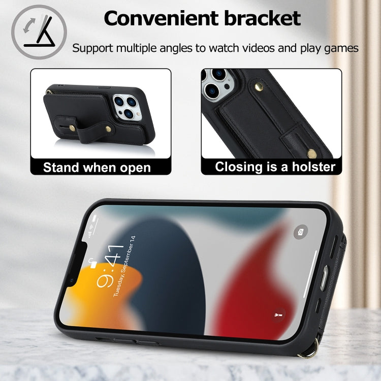 For iPhone 15 Pro Max Wristband Vertical Flip Wallet Back Cover Phone Case with Long Lanyard