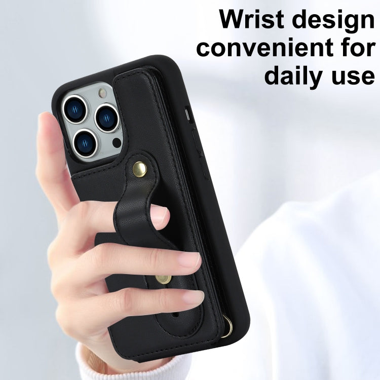 For iPhone 15 Pro Max Wristband Vertical Flip Wallet Back Cover Phone Case with Long Lanyard