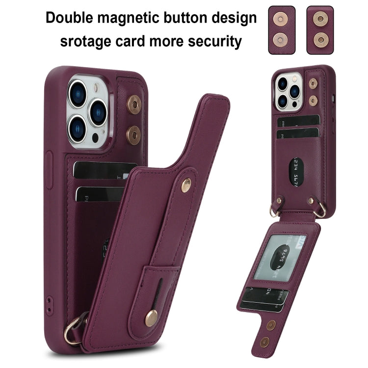 For iPhone 15 Pro Max Wristband Vertical Flip Wallet Back Cover Phone Case with Long Lanyard