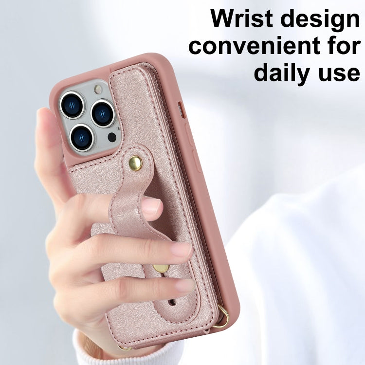 For iPhone 15 Pro Max Wristband Vertical Flip Wallet Back Cover Phone Case with Long Lanyard