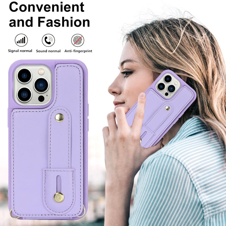 For iPhone 15 Pro Max Wristband Vertical Flip Wallet Back Cover Phone Case with Long Lanyard