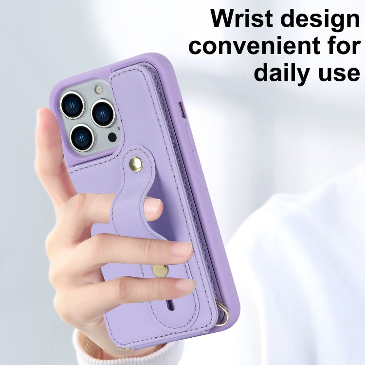 For iPhone 15 Pro Max Wristband Vertical Flip Wallet Back Cover Phone Case with Long Lanyard