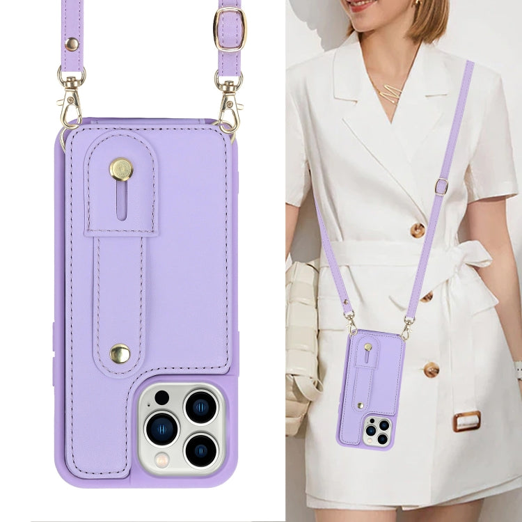 For iPhone 15 Pro Max Wristband Vertical Flip Wallet Back Cover Phone Case with Long Lanyard