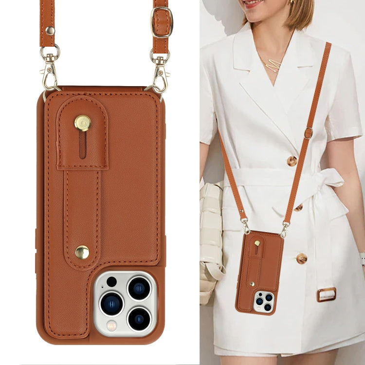 For iPhone 15 Pro Max Wristband Vertical Flip Wallet Back Cover Phone Case with Long Lanyard