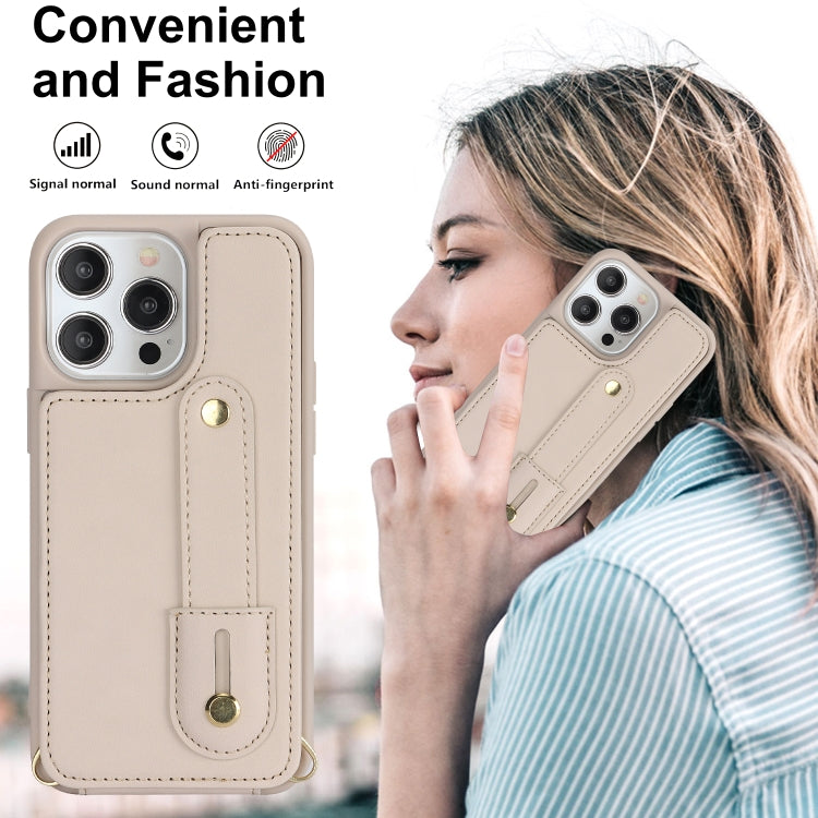 For iPhone 15 Pro Max Wristband Vertical Flip Wallet Back Cover Phone Case with Long Lanyard