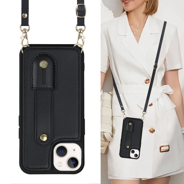 For iPhone 15 Wristband Vertical Flip Wallet Back Cover Phone Case with Long Lanyard