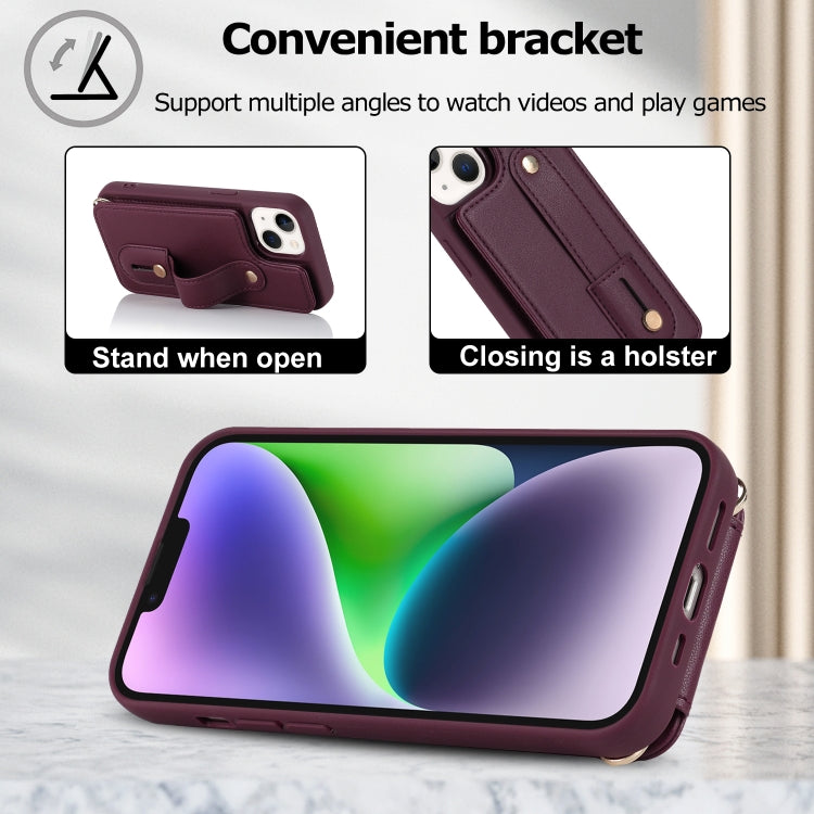 For iPhone 15 Wristband Vertical Flip Wallet Back Cover Phone Case with Long Lanyard