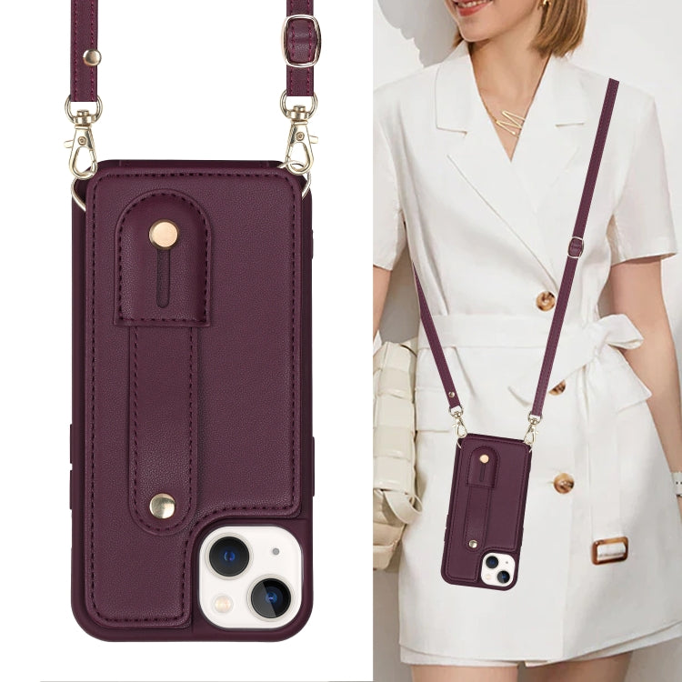 For iPhone 15 Wristband Vertical Flip Wallet Back Cover Phone Case with Long Lanyard