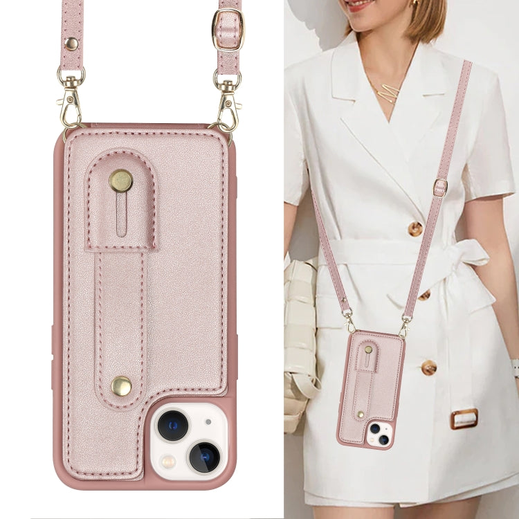 For iPhone 15 Wristband Vertical Flip Wallet Back Cover Phone Case with Long Lanyard