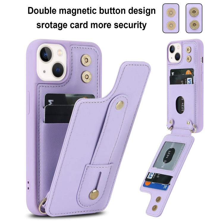 For iPhone 15 Wristband Vertical Flip Wallet Back Cover Phone Case with Long Lanyard