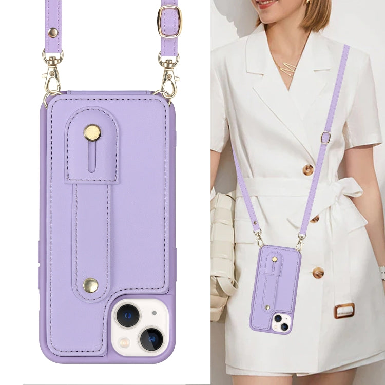 For iPhone 15 Wristband Vertical Flip Wallet Back Cover Phone Case with Long Lanyard