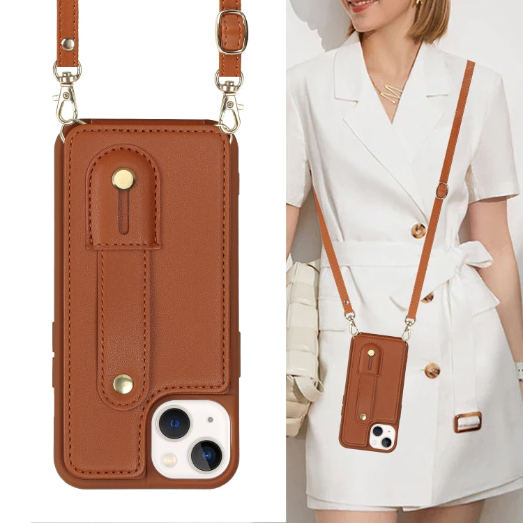 For iPhone 15 Wristband Vertical Flip Wallet Back Cover Phone Case with Long Lanyard