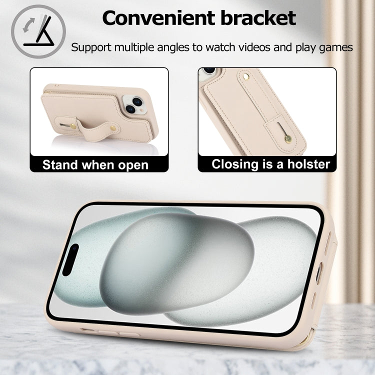 For iPhone 15 Wristband Vertical Flip Wallet Back Cover Phone Case with Long Lanyard