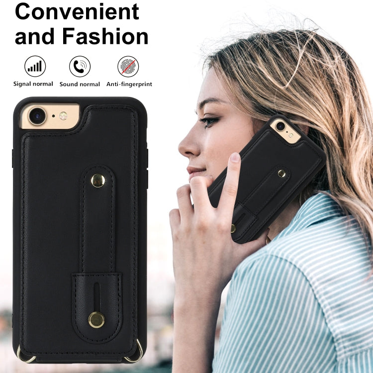 For iPhone SE 2022 / 2020 / 8 Wristband Vertical Flip Wallet Back Cover Phone Case with Long Lanyard
