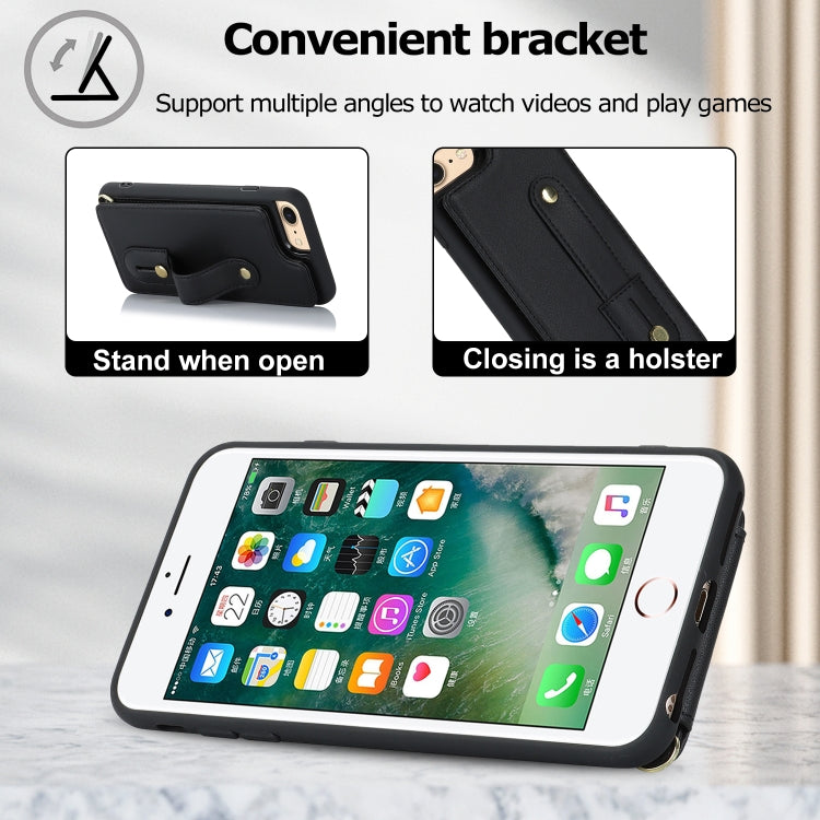 For iPhone SE 2022 / 2020 / 8 Wristband Vertical Flip Wallet Back Cover Phone Case with Long Lanyard