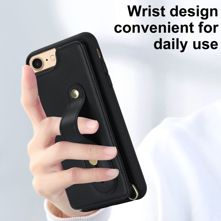 For iPhone SE 2022 / 2020 / 8 Wristband Vertical Flip Wallet Back Cover Phone Case with Long Lanyard