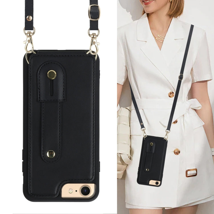 For iPhone SE 2022 / 2020 / 8 Wristband Vertical Flip Wallet Back Cover Phone Case with Long Lanyard