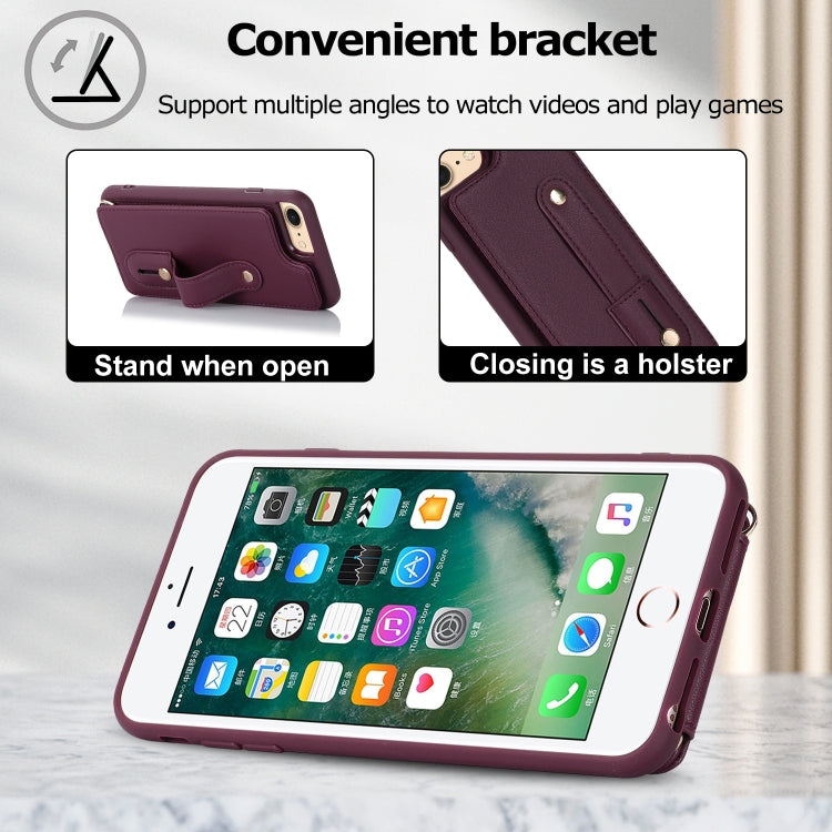 For iPhone SE 2022 / 2020 / 8 Wristband Vertical Flip Wallet Back Cover Phone Case with Long Lanyard