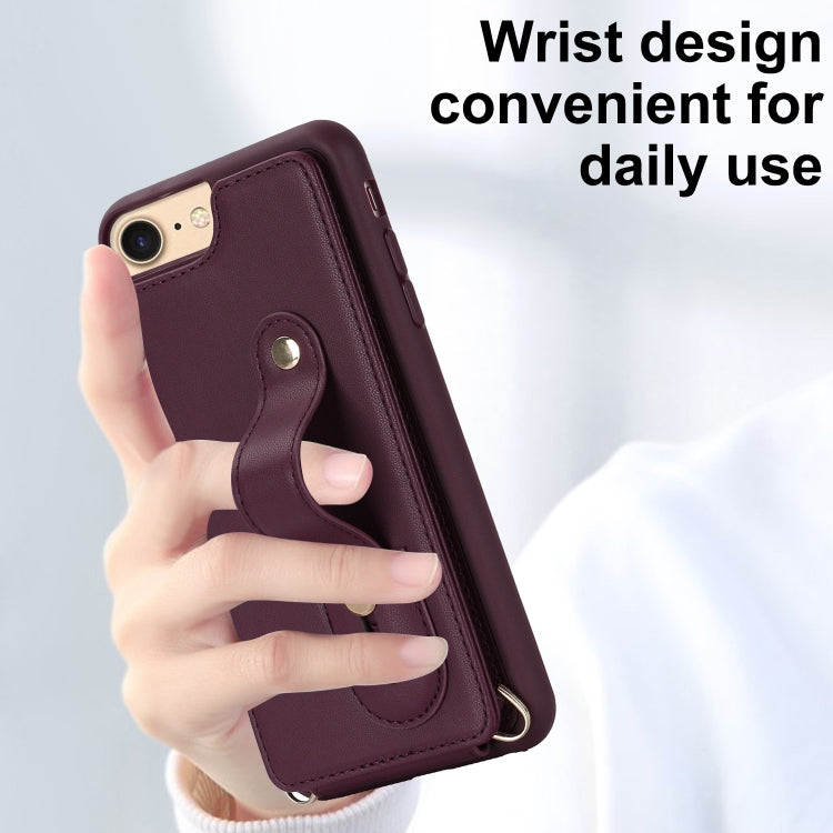 For iPhone SE 2022 / 2020 / 8 Wristband Vertical Flip Wallet Back Cover Phone Case with Long Lanyard