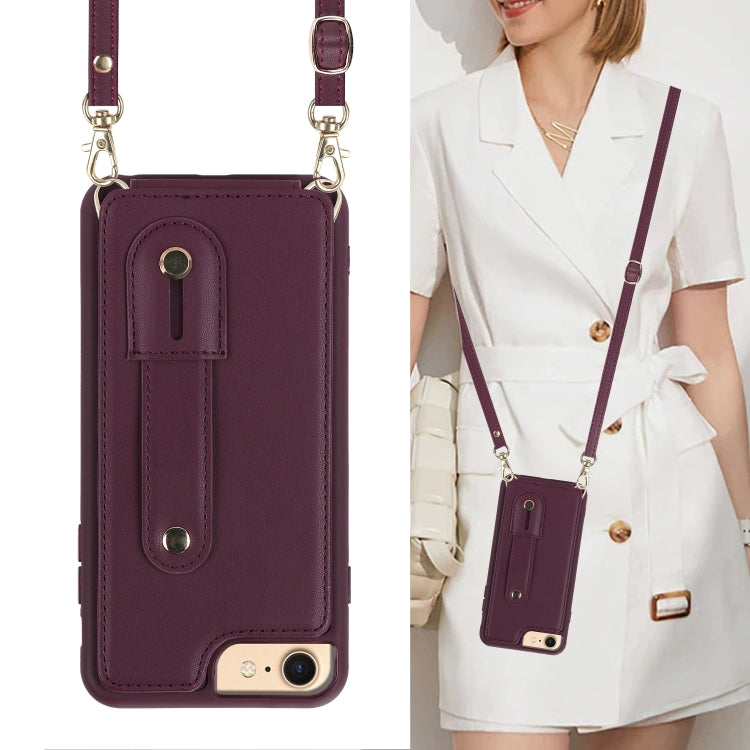 For iPhone SE 2022 / 2020 / 8 Wristband Vertical Flip Wallet Back Cover Phone Case with Long Lanyard