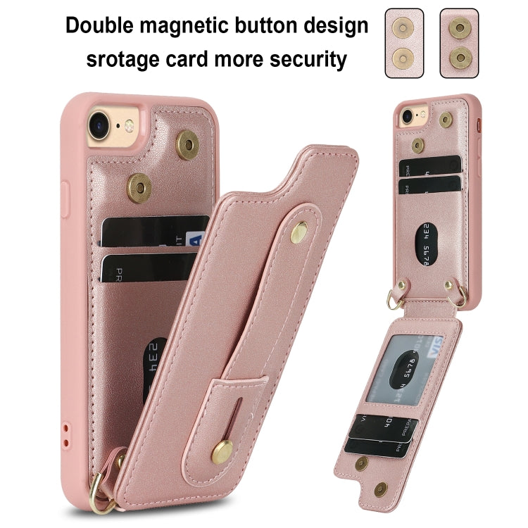 For iPhone SE 2022 / 2020 / 8 Wristband Vertical Flip Wallet Back Cover Phone Case with Long Lanyard