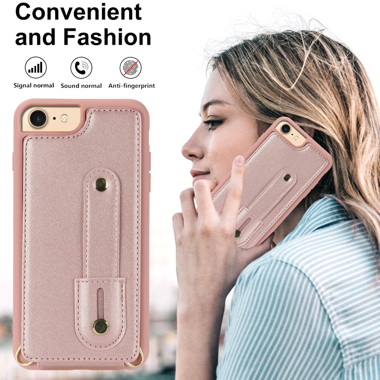 For iPhone SE 2022 / 2020 / 8 Wristband Vertical Flip Wallet Back Cover Phone Case with Long Lanyard