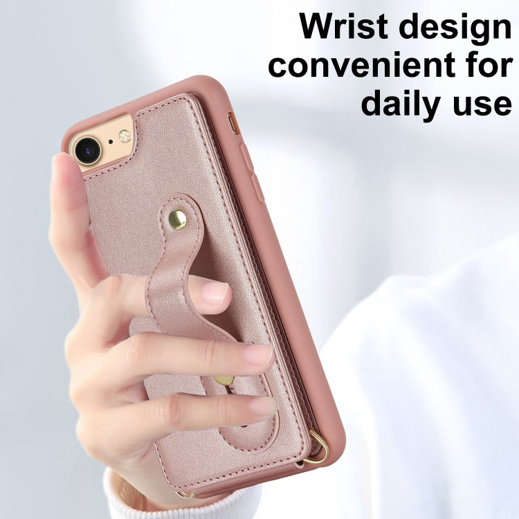 For iPhone SE 2022 / 2020 / 8 Wristband Vertical Flip Wallet Back Cover Phone Case with Long Lanyard