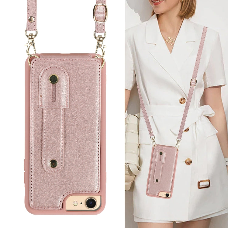 For iPhone SE 2022 / 2020 / 8 Wristband Vertical Flip Wallet Back Cover Phone Case with Long Lanyard