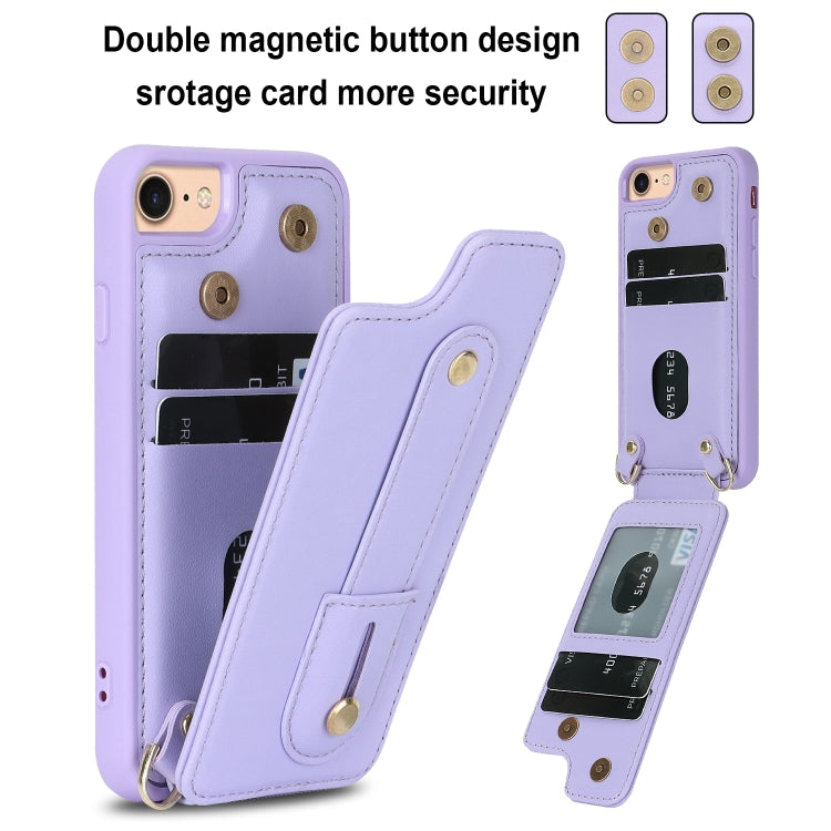 For iPhone SE 2022 / 2020 / 8 Wristband Vertical Flip Wallet Back Cover Phone Case with Long Lanyard